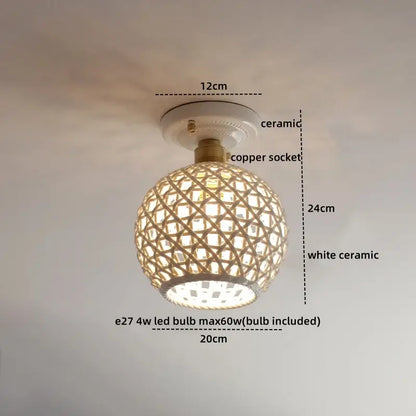 Boho woven rattan wood led ceiling light with spherical bamboo design, white ceramic base, and decorbites copper wood socket
