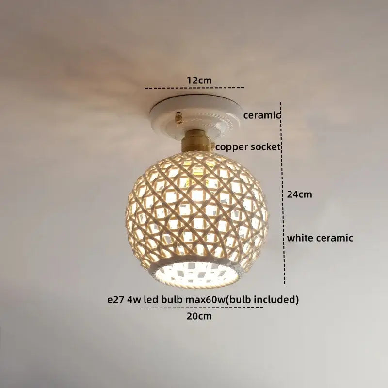 Boho woven rattan wood led ceiling light with spherical bamboo design, white ceramic base, and decorbites copper wood socket