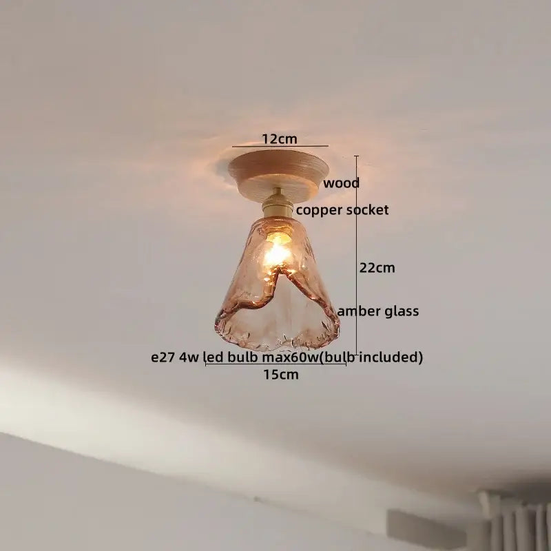 Boho woven rattan wood led ceiling light with warm amber glass pendant copper wood led decorbites copper wood socket