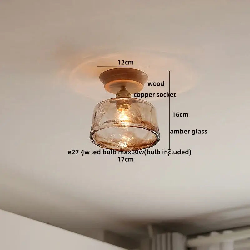 Boho woven rattan wood led ceiling light with warm amber glass shade copper wood led for bedroom decorbites copper wood
