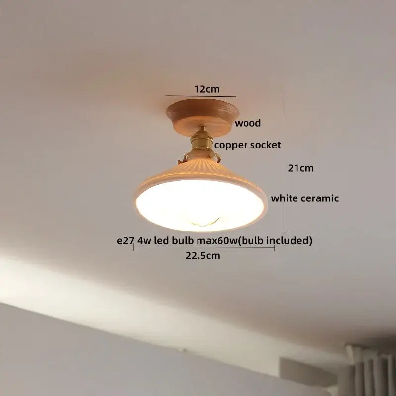 Boho woven rattan wood led ceiling light with copper wood led socket and white ceramic shade for bedroom decorbites copper wood