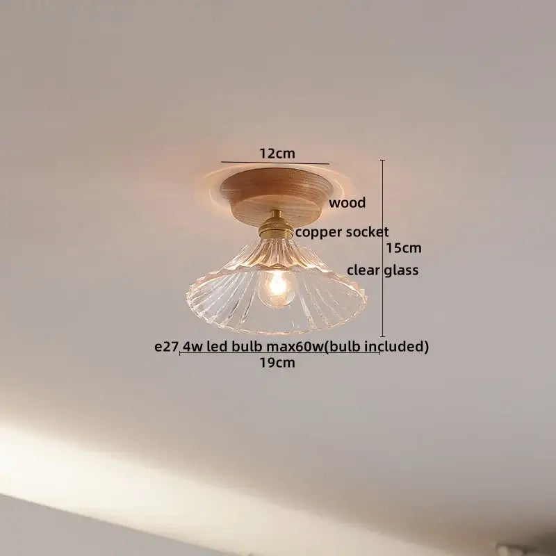 Boho woven rattan wood led ceiling light with copper wood led socket and clear fluted glass shade for bedroom decorbites copper wood
