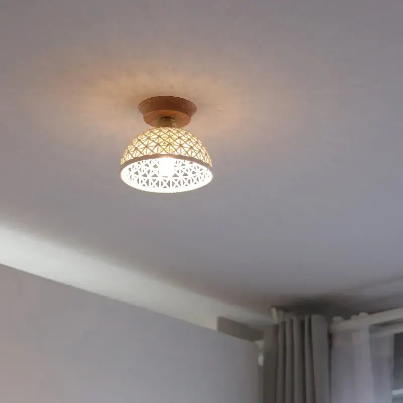 Boho woven rattan wood led ceiling light with warm-toned bamboo geometric lattice and wooden base for bedroom decorbites copper wood use
