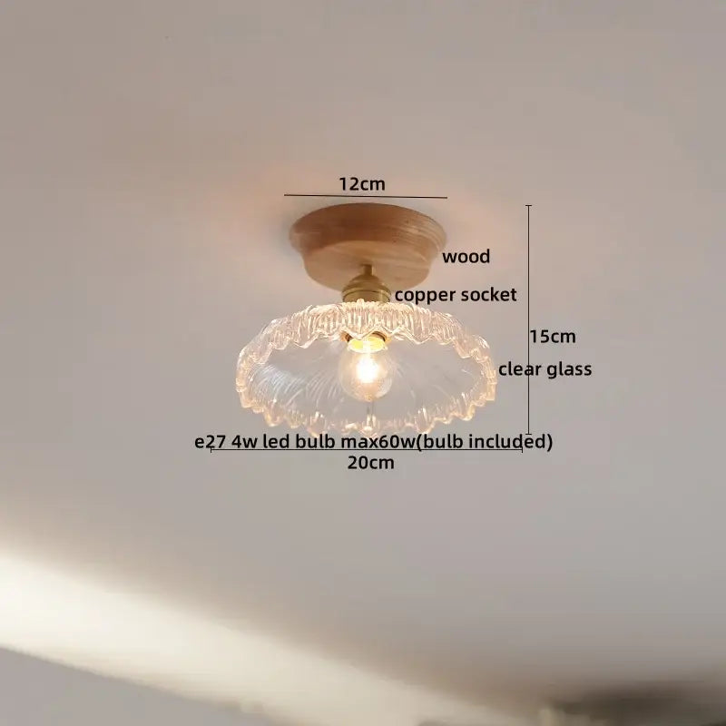 Boho woven rattan wood led ceiling light with copper wood led socket and clear glass ruffled shade for bedroom decorbites copper wood