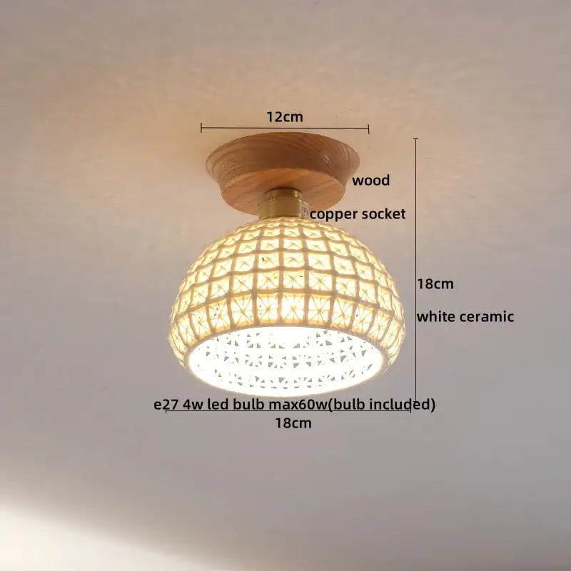 Boho woven rattan wood led ceiling light with white ceramic shade and wooden base for bedroom decorbites copper wood decor