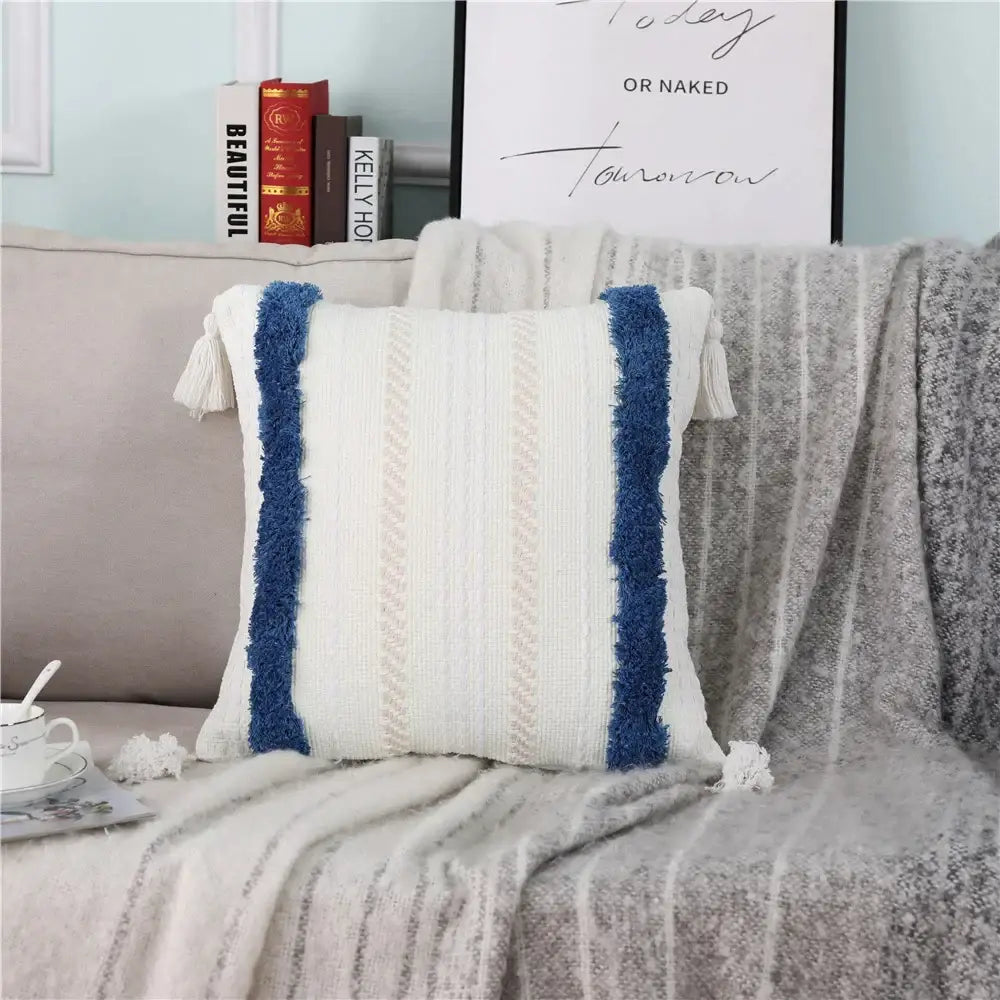 White knit throw pillow case with blue fringe and tassels boho woven tassel decorbites boho woven cushion