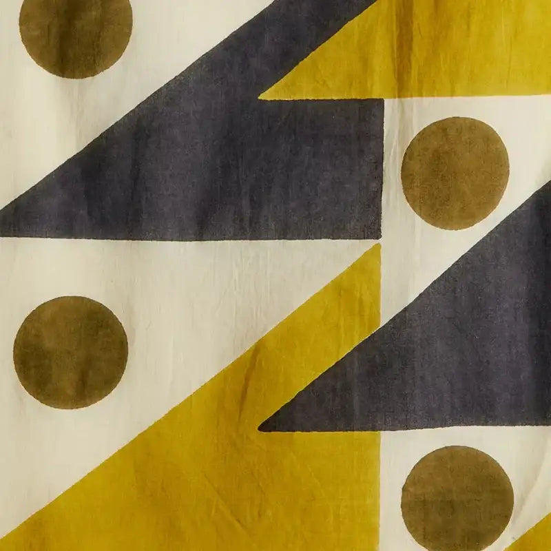 Boho yellow and black celestial geometry tapestry silk scarf with bold mustard and navy triangles and gold dots decorbites celestial geometry