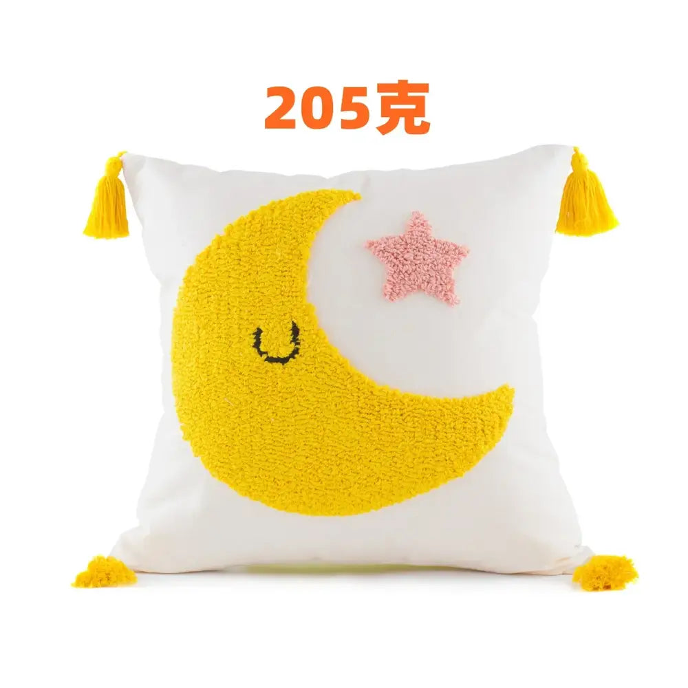 White boho yellow rainbow cushion cover with a cheerful crescent moon, pink star, and bright yellow tassels by decorbites