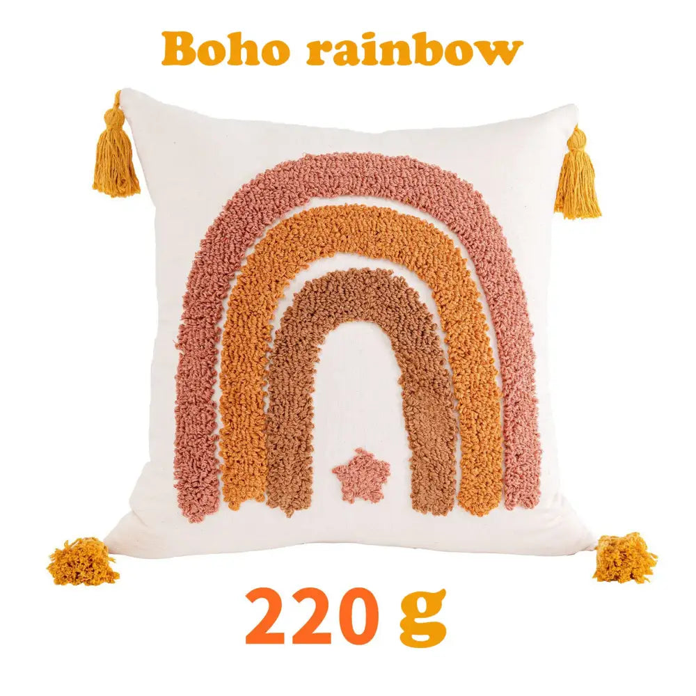 White pillow cushion cover featuring boho yellow rainbow celestial design with mustard tassels for living room decorbites boho yellow