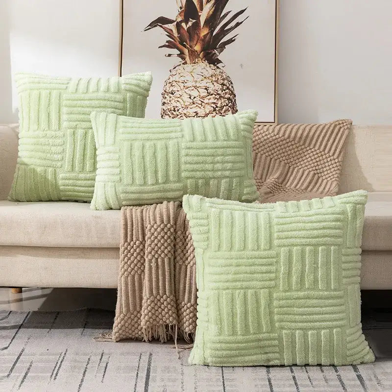 Light green boho plush throw pillow covers with woven corduroy texture for stylish living room decor