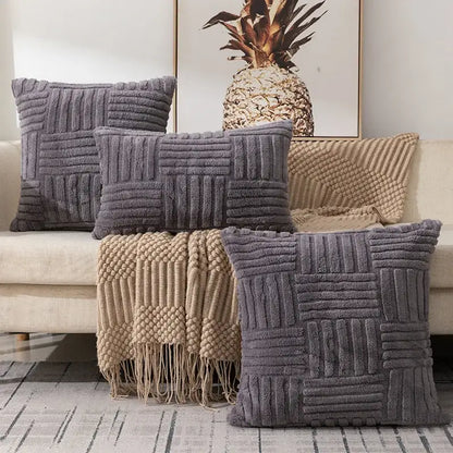 Gray textured plush throw pillow covers with a woven ribbed pattern for living room decor and pillow covers