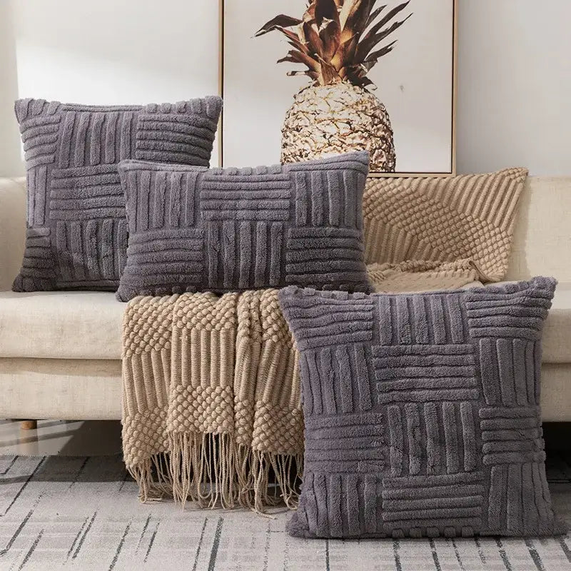 Gray textured plush throw pillow covers with a woven ribbed pattern for living room decor and pillow covers