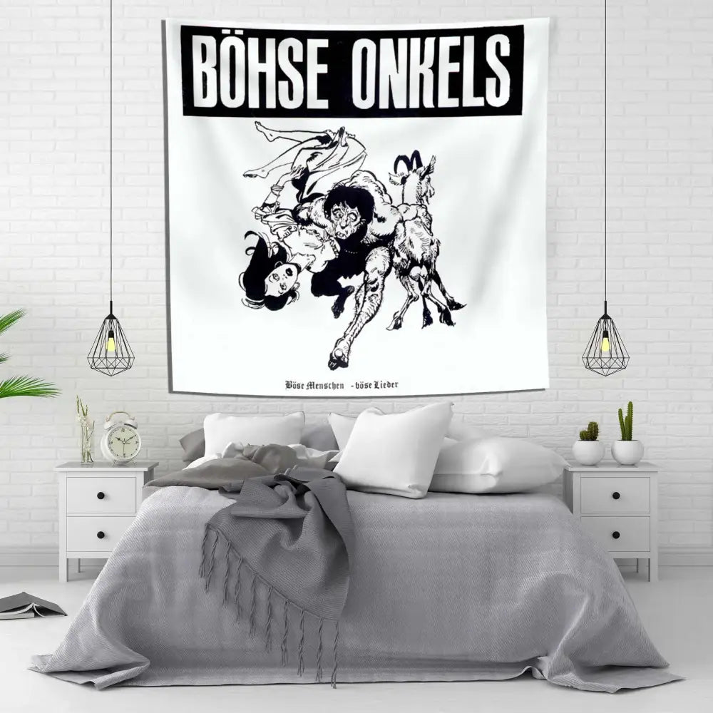 White tapestry flag with black ink illustration of muscular figure woman and goat with bohse onkelzs german rock text