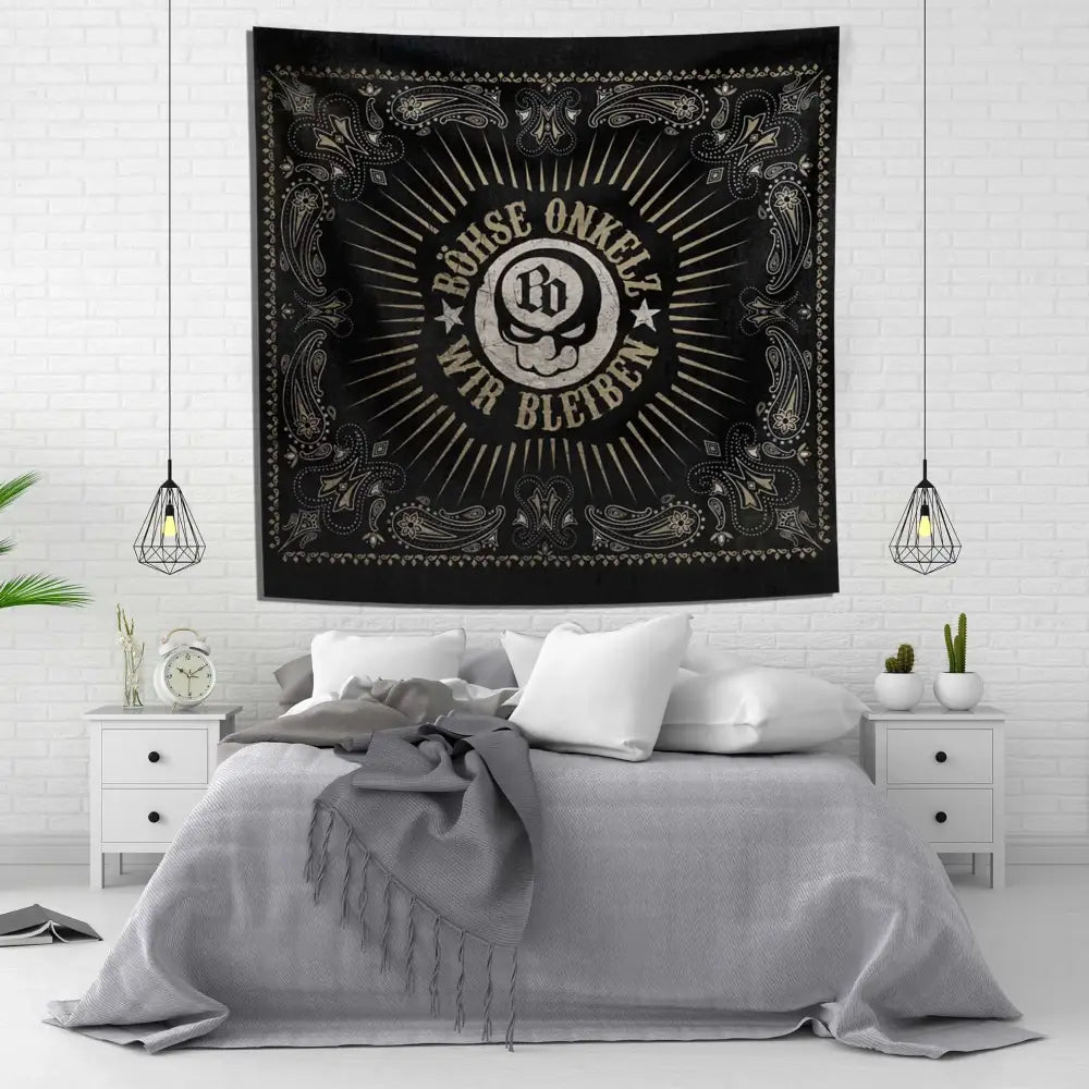 Black bandana style tapestry flag with intricate paisley patterns and central skull emblem bohse onkelzs german rock decor