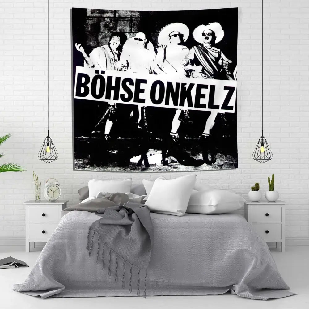 Black and white bohse onkelzs german rock tapestry flag hanging above a bed for bedroom decor