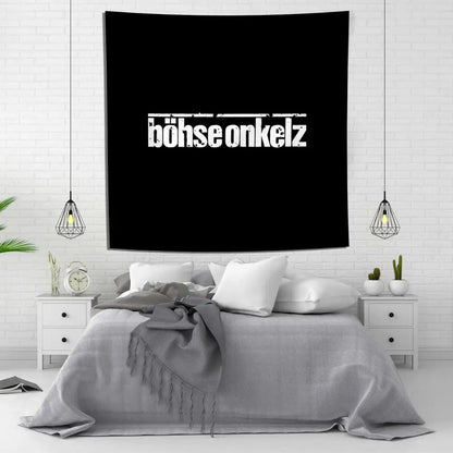 Black wall tapestry flag featuring white distressed bohse onkelzs text in bold font for german rock bedroom decor
