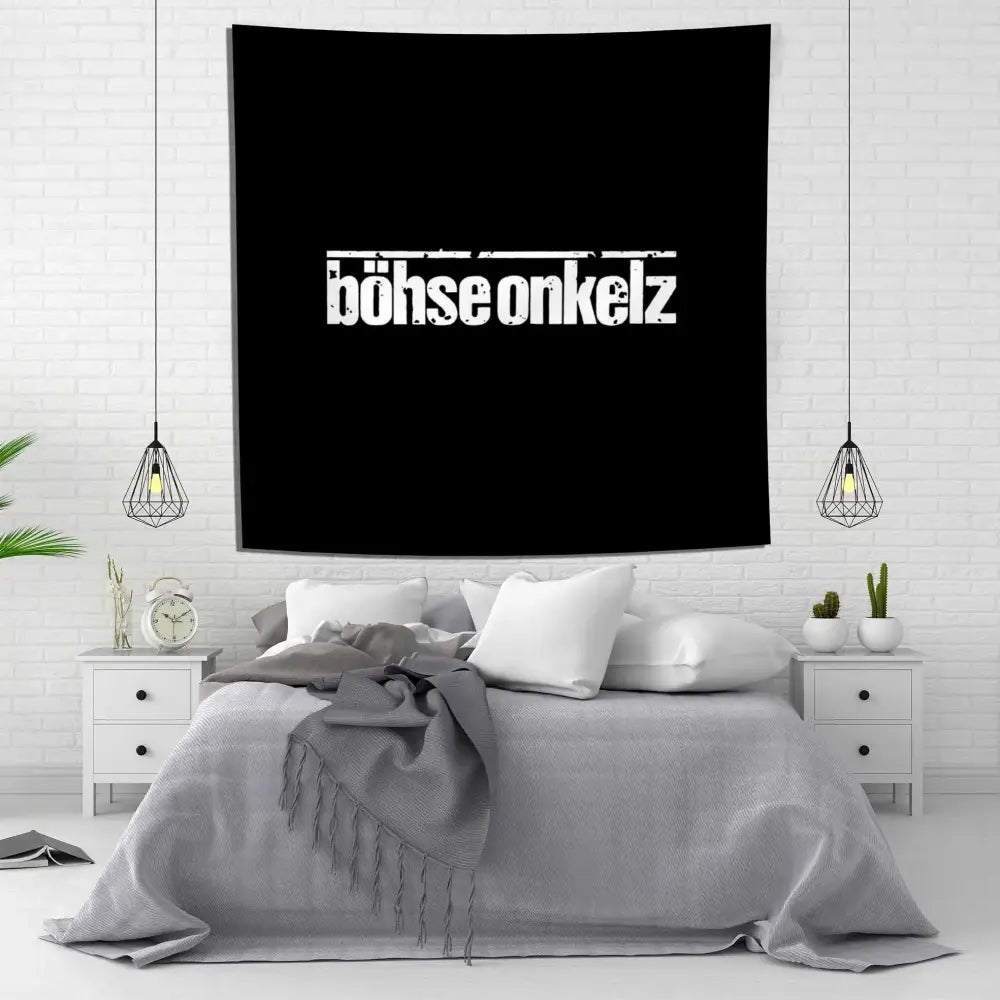 Black wall tapestry flag with white distressed bohse onkelzs text in bold blocky font for german rock decor