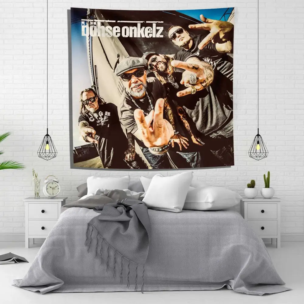 Black and white bohse onkelzs tapestry flag hanging above bed german rock bedroom decor wall art