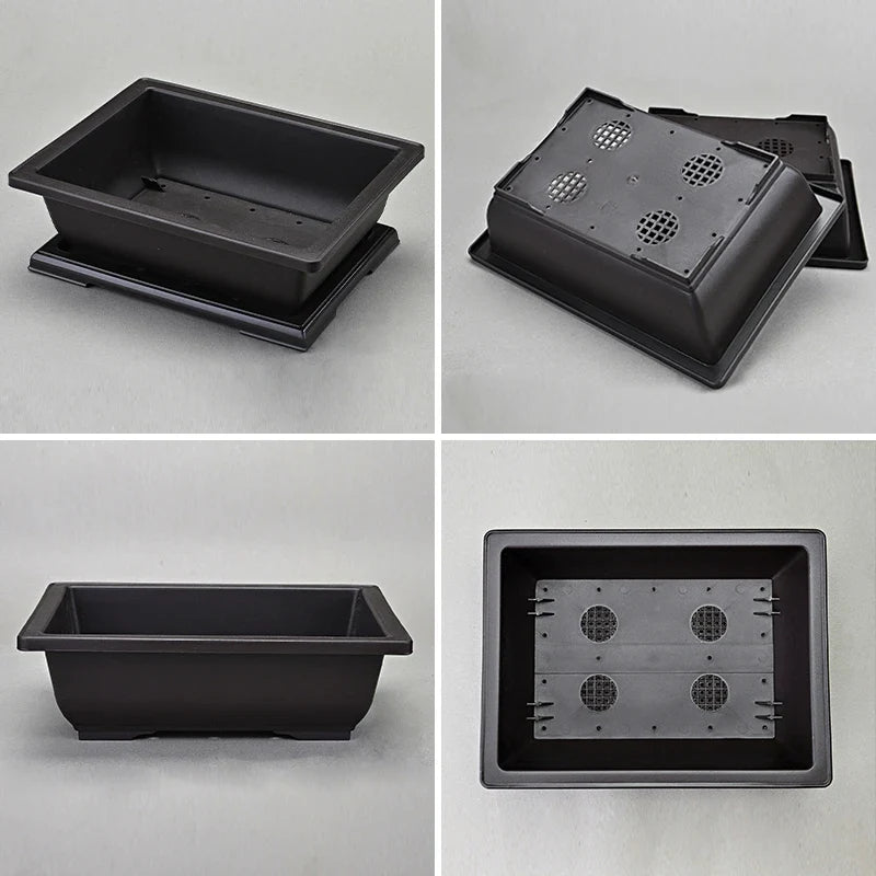 Black rectangular plastic plant pot with drainage tray and perforated base insert for succulents para plantas