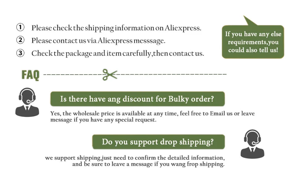 Green rectangular faq section with white text and icons for customer service inquiries about bonsai plant pot flowerpots