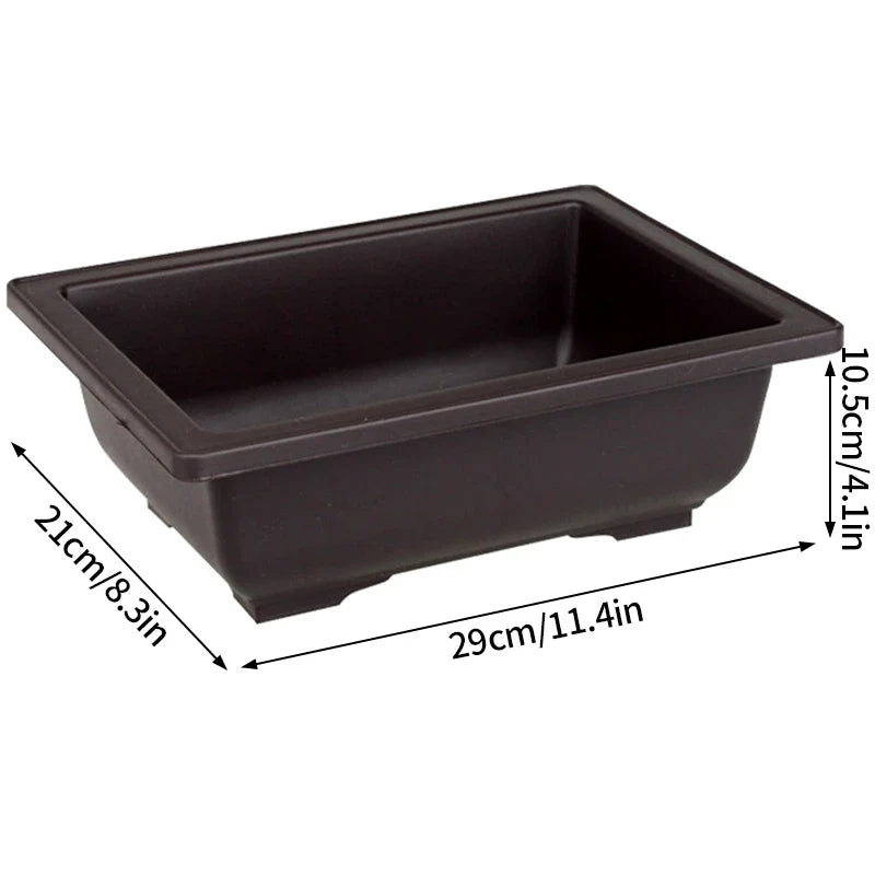 Dark brown rectangular plastic plant pot with rounded corners and shallow wide interior for succulents and plantas