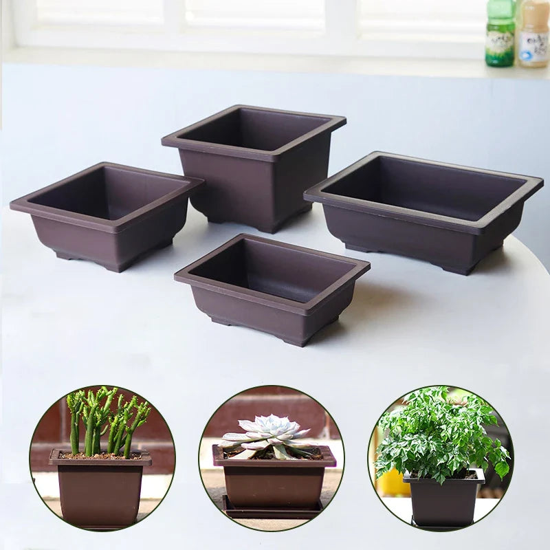 Set of four dark brown rectangular ceramic bonsai plant pots for succulents para plantas outdoor garden use