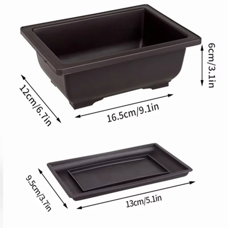 Black rectangular bonsai plant pot with matching tray made of molded plastic para plantas outdoor use