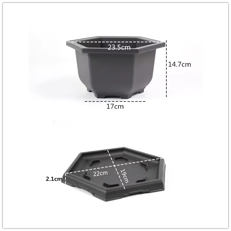 Black hexagonal plastic plant pot with matching base for succulents and outdoor garden use para plantas
