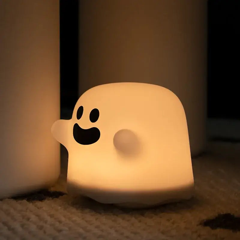 Cute glowing white boo ghost silicone lamp with black smiley face for bedroom led night light decorbites boo ghost