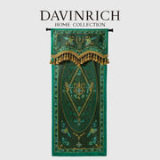 Elegant emerald green and gold velvet blackout bedroom valance with embroidered bird motifs from decorbites botanic garden