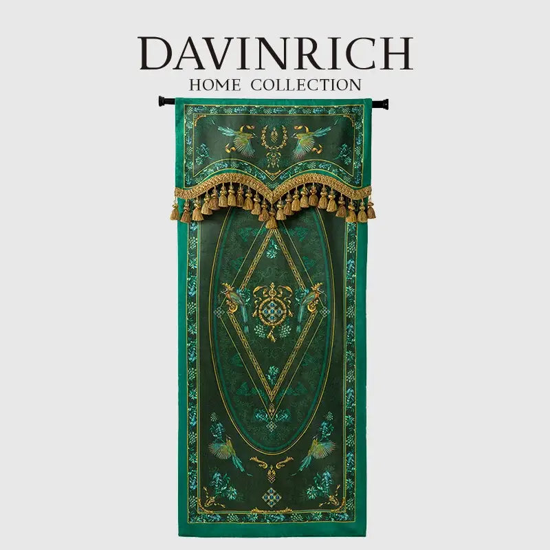Elegant emerald green and gold velvet blackout bedroom valance with embroidered bird motifs from decorbites botanic garden