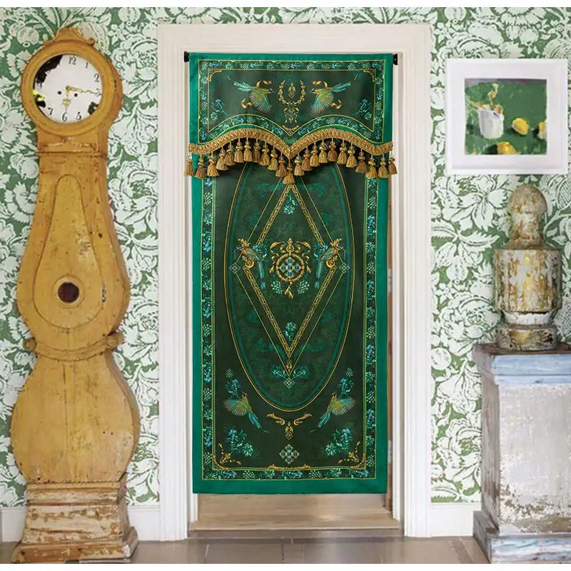 Emerald green botanic garden velvet blackout curtain with gold tassels and ornate bird embroidery by decorbites