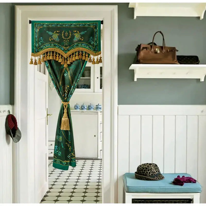 Emerald green botanic garden velvet blackout door curtain with gold tassels and ornate bird motifs by decorbites
