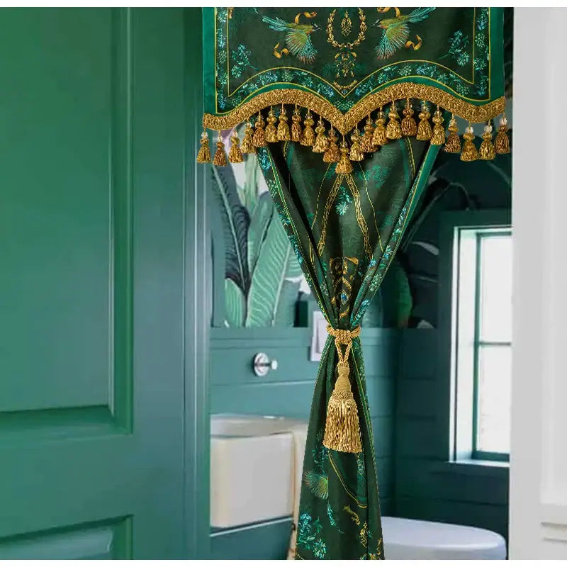 Botanic garden velvet blackout curtain in deep green with gold bird floral embroidery and golden tassels decorbites botanic garden
