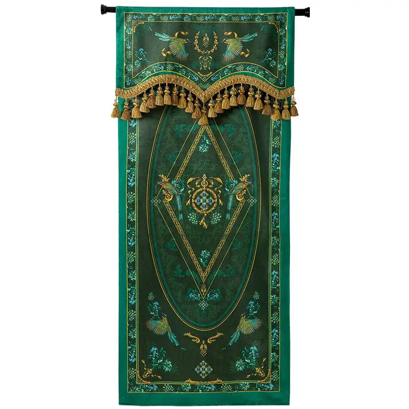 Elegant emerald green botanic garden velvet blackout curtain with gold embroidered birds floral motifs and tassel fringe