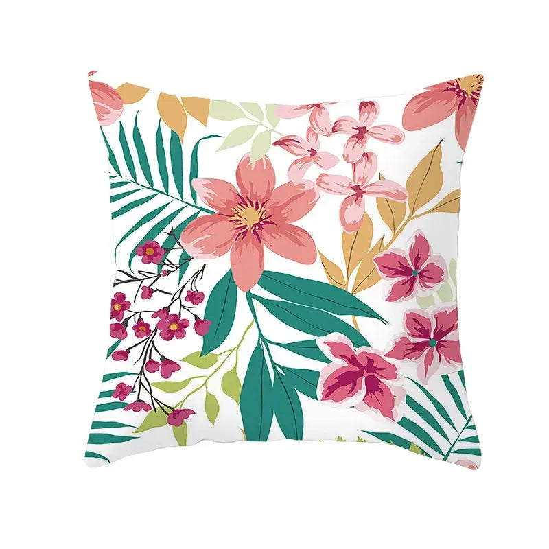 A square plush pillow case with vibrant tropical floral pattern and autumn maple leaves design for living room decor