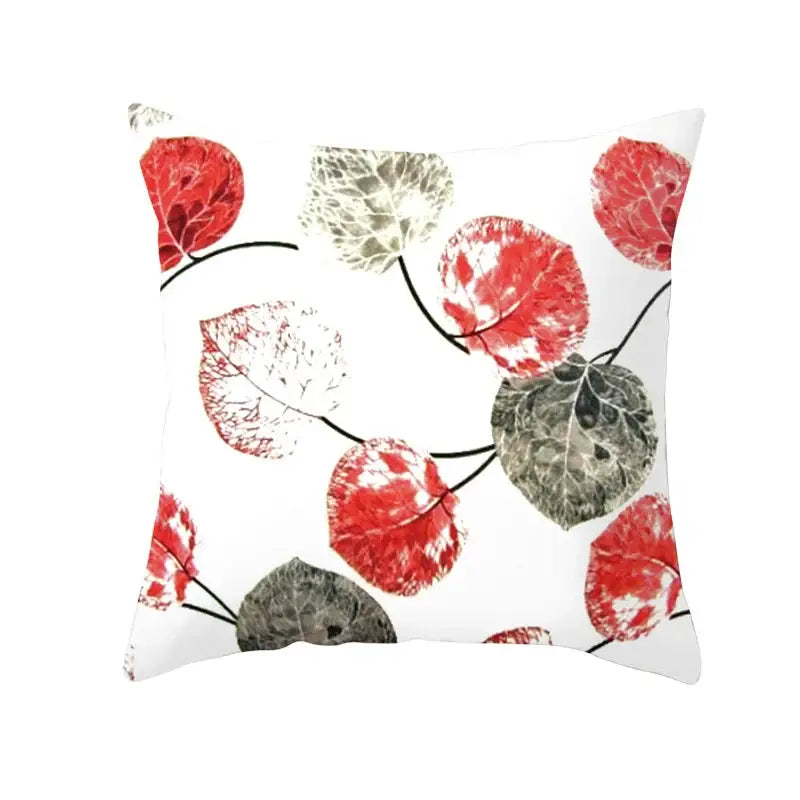 White throw pillow with red and gray autumn maple leaves on black stems botanical autumn maple leaves decor