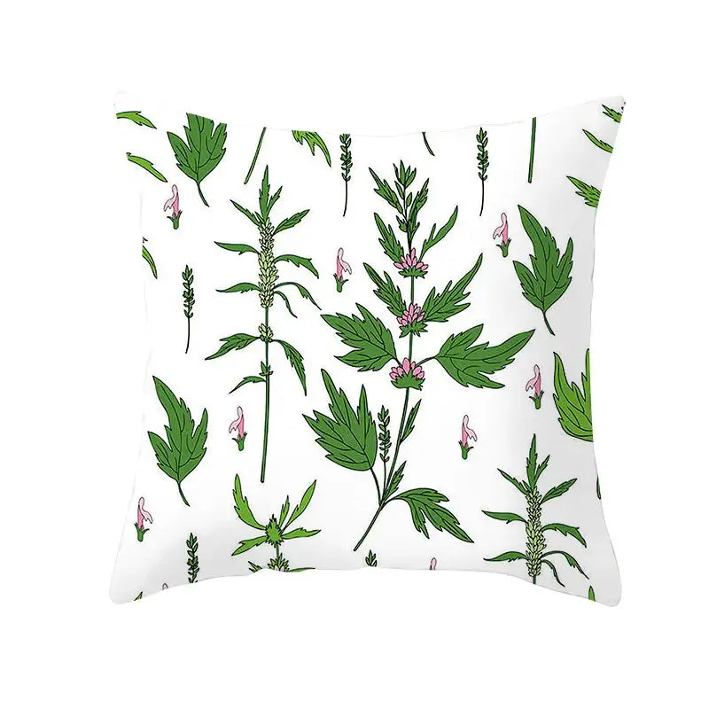 White throw pillow with green herbs and pink flowers pattern for autumn maple leaves living room decor