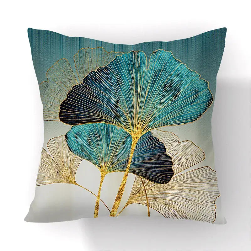 Square cushion cover with modern teal navy blue and gold stylized ginkgo big leaves for living room decor