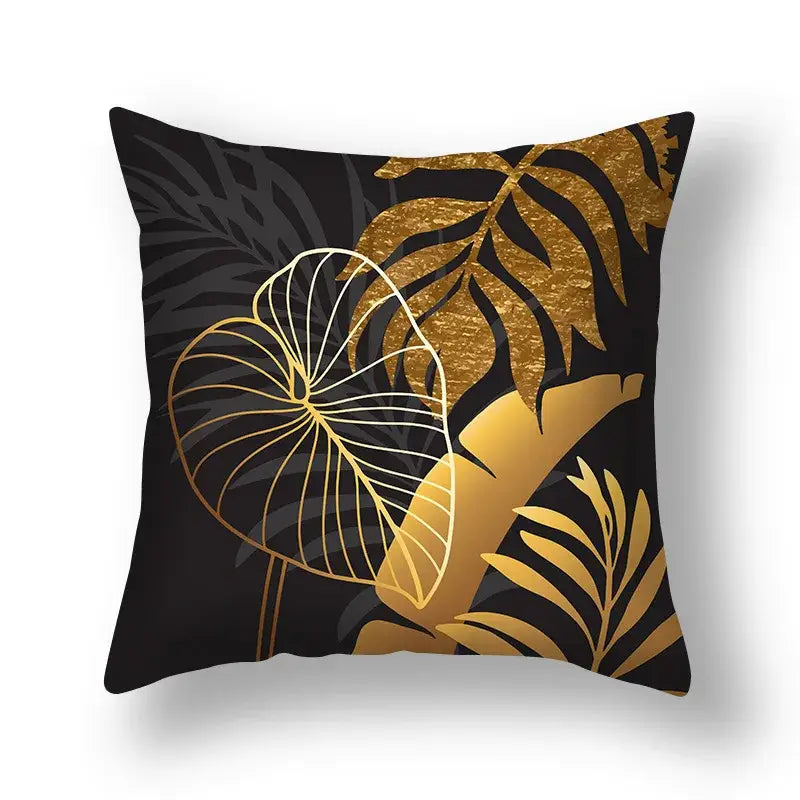 Black throw pillow cushion cover with metallic gold and white tropical big leaves design for living room décor