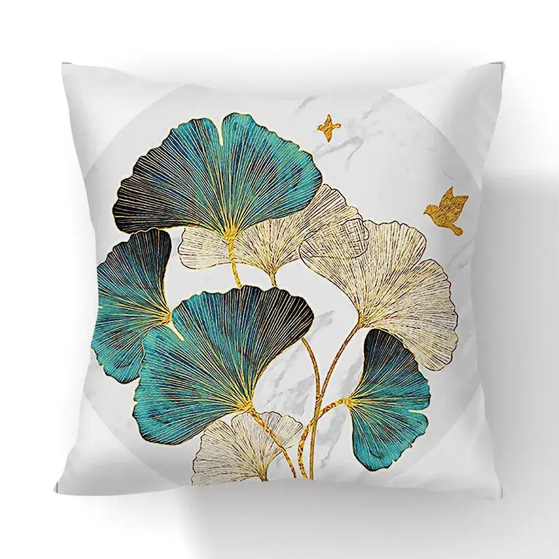 White throw pillow with modern teal and cream ginkgo leaves and gold accents for living room big leaves cushion covers