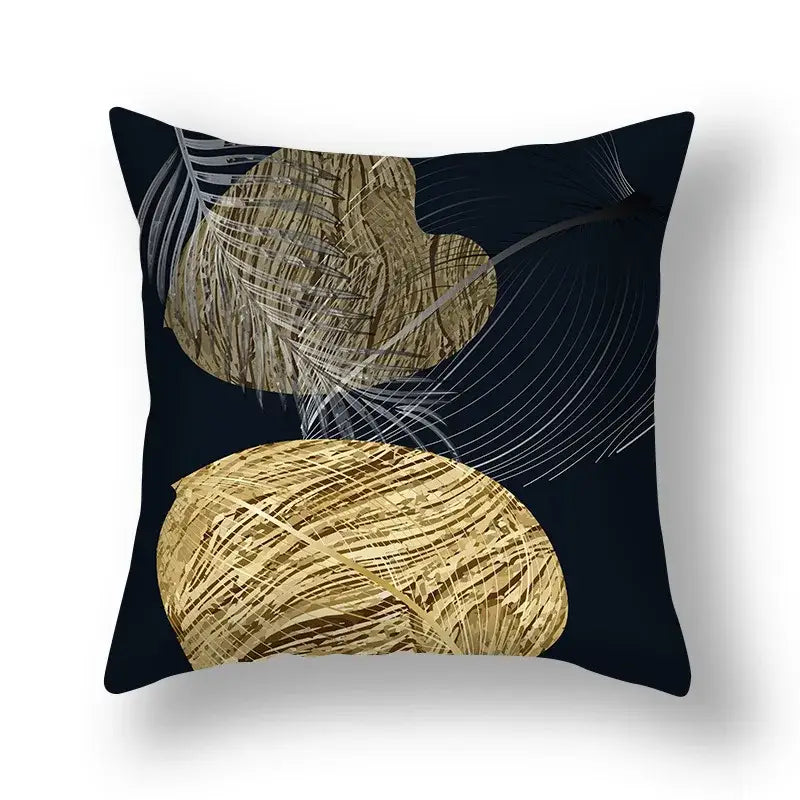 Square throw pillow cushion covers with modern golden and silver big leaves design on deep navy for living room decor