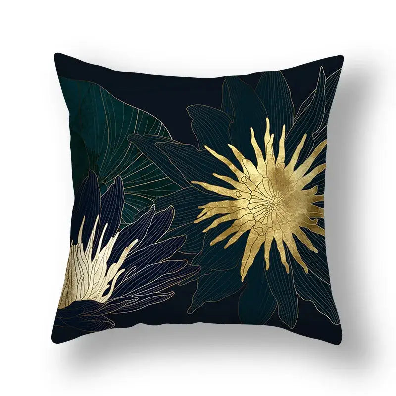 A square throw pillow with dark navy background and gold cream big leaves cushion covers for living room decor