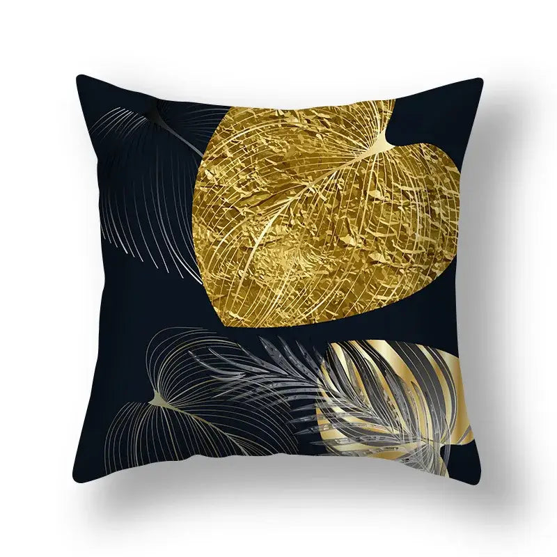 Black botanical big leaves cushion cover with bold gold and silver leaf patterns for living room decorative pillows