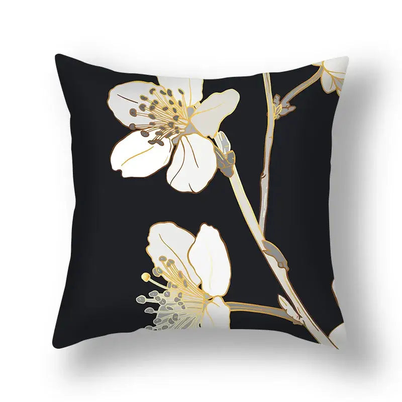 Black throw pillow with white and gold floral big leaves design for living room cushion covers decorative use