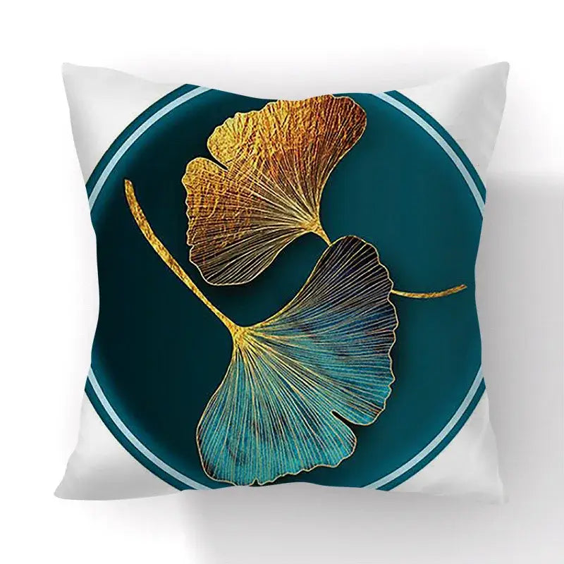 Square throw pillow cushion cover with big golden and teal ginkgo leaves on deep teal for living room decor