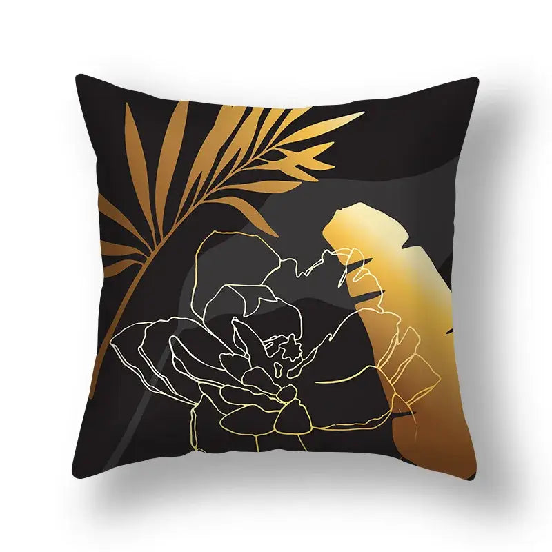 Black cushion cover with stylized gold leaf and white line art big leaves design for living room decor