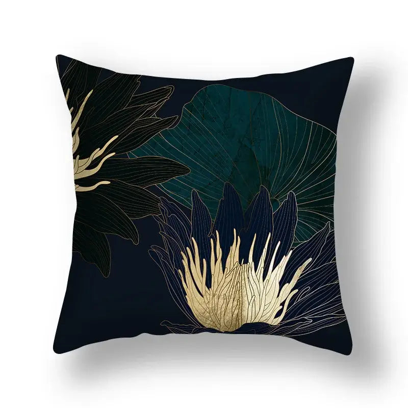 Dark navy cushion cover with gold-leafed big leaves in teal line art for living room decorative pillows