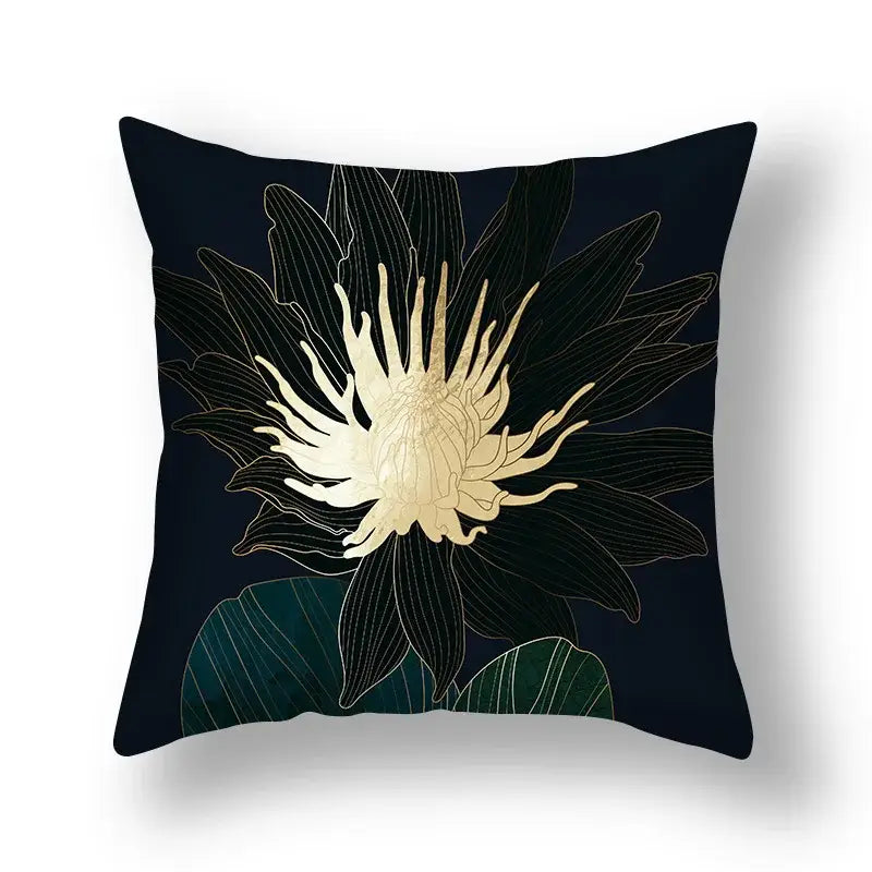 Black cushion cover with gold lotus flower and dark green big leaves for living room decorative pillows