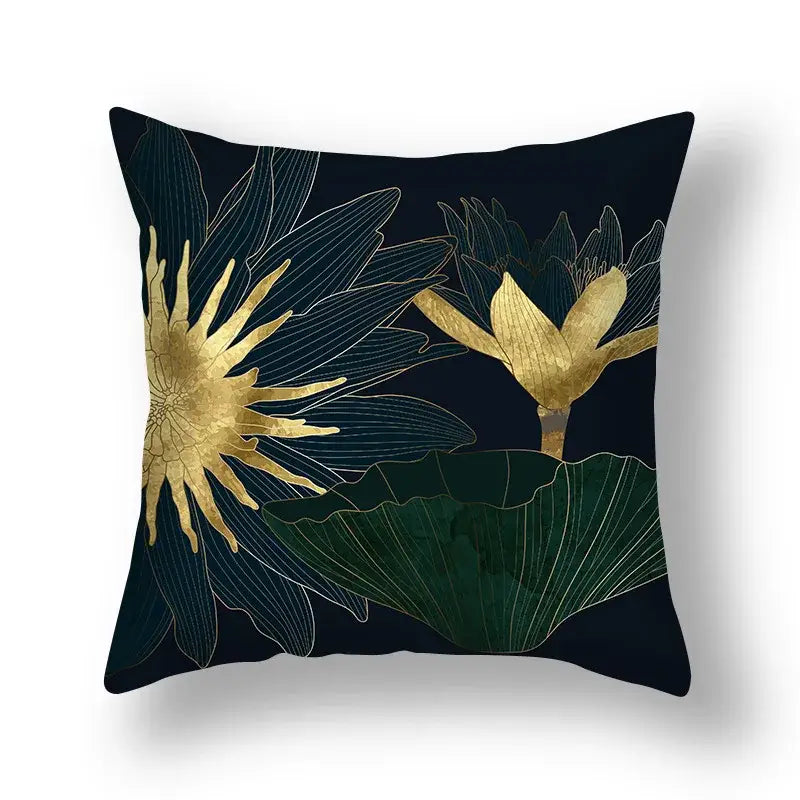 Dark navy cushion cover with elegant gold and deep green lotus big leaves design for living room decor